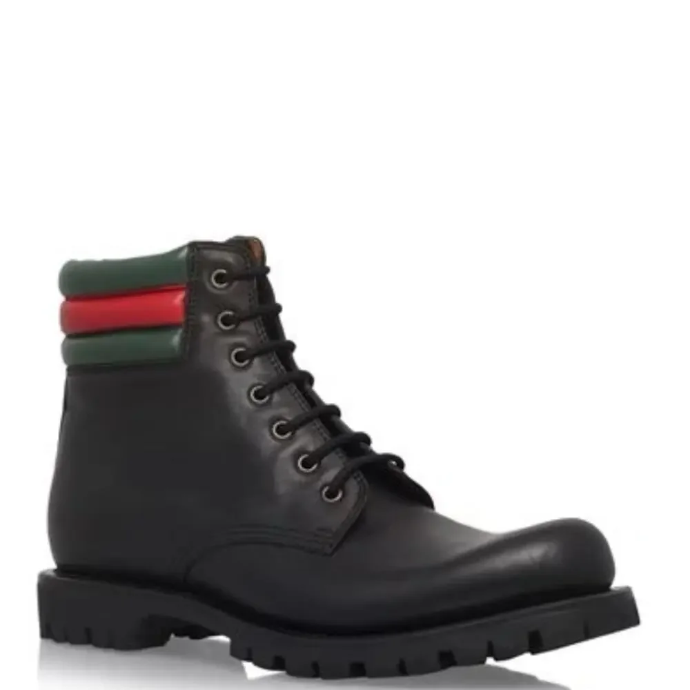 GUCCI Marland Black Leather Web Stripe Hiking Boot UK 7.5